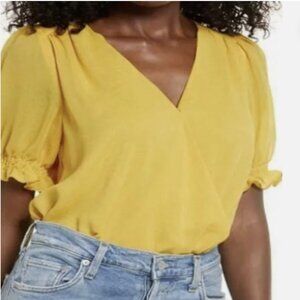 All In Favor Mellow Yellow Smocked Puff Sleeve Surplice Button Bodysuit Sz Small